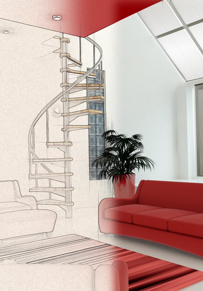 3D render of a contemporary interior with half in sketch phase